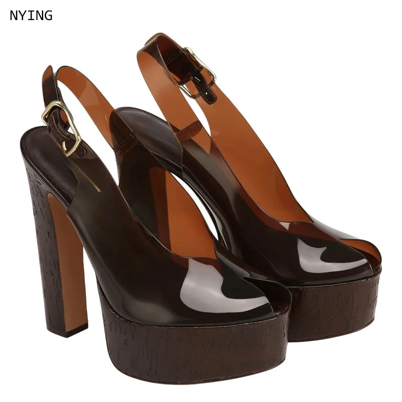 Women Brown Transparent PVC Peep Toe Platform Block Heel Slingback Sandals, Buckle Strap High Heels Summer Casual Streetwear