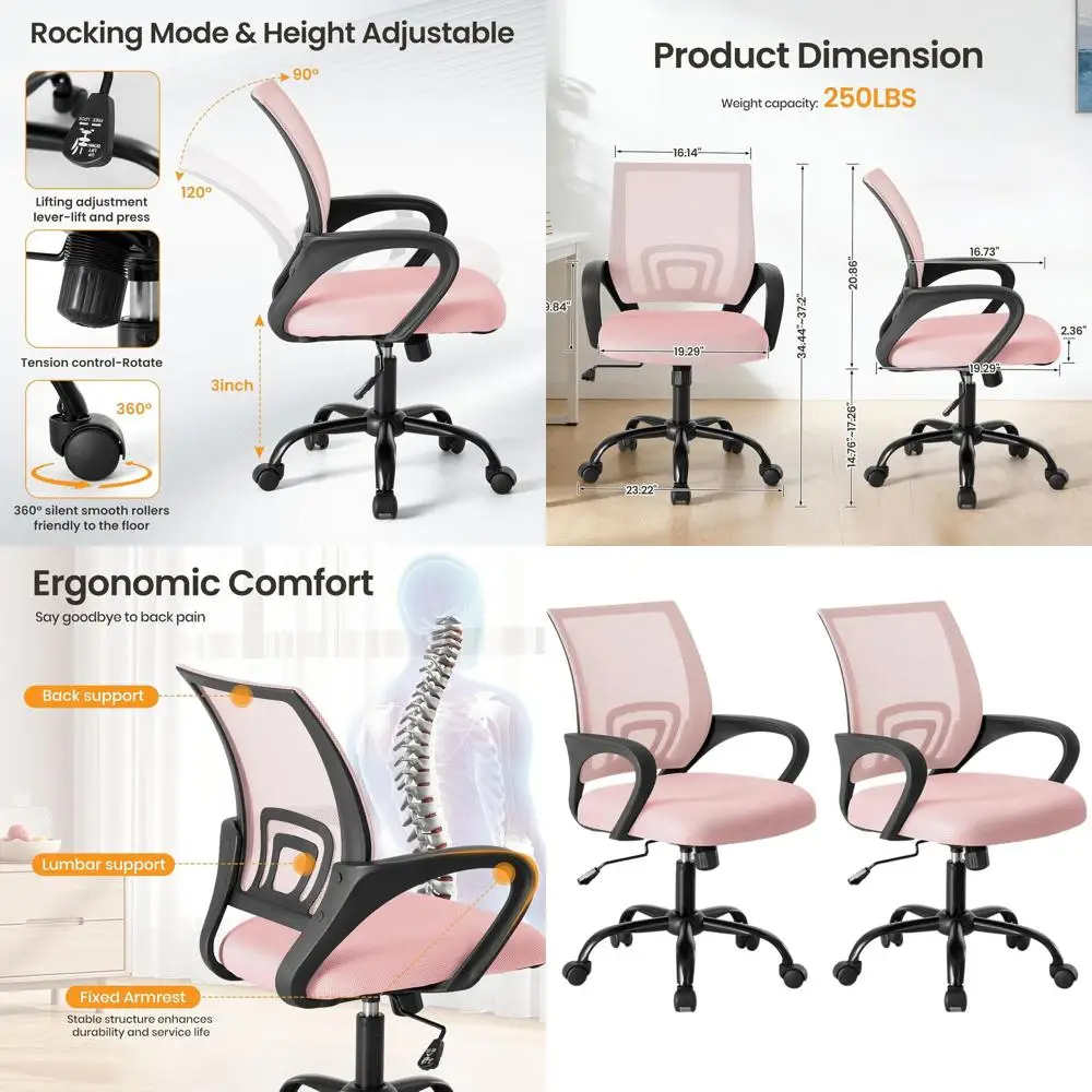 

Ergonomic Mid-Back Swivel Office Chair with Breathable Back and Lumbar Support, Adjustable Seat Height, Rolling Wheels, Pink