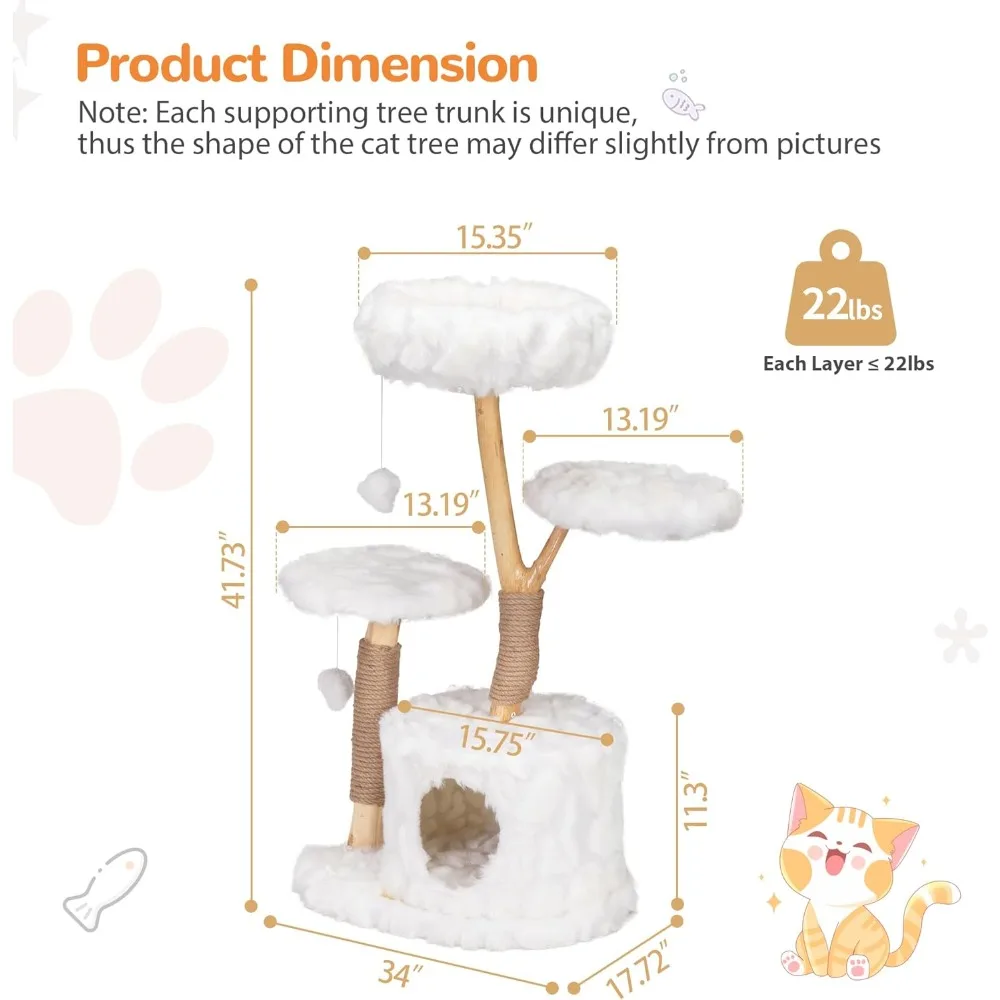 Cloud Cat Tree for Indoor Cats, 42 Modern Aesthetic Cat Tower with Solid Wood Branches, Top Cat Bed, Side Perch, Large Condo