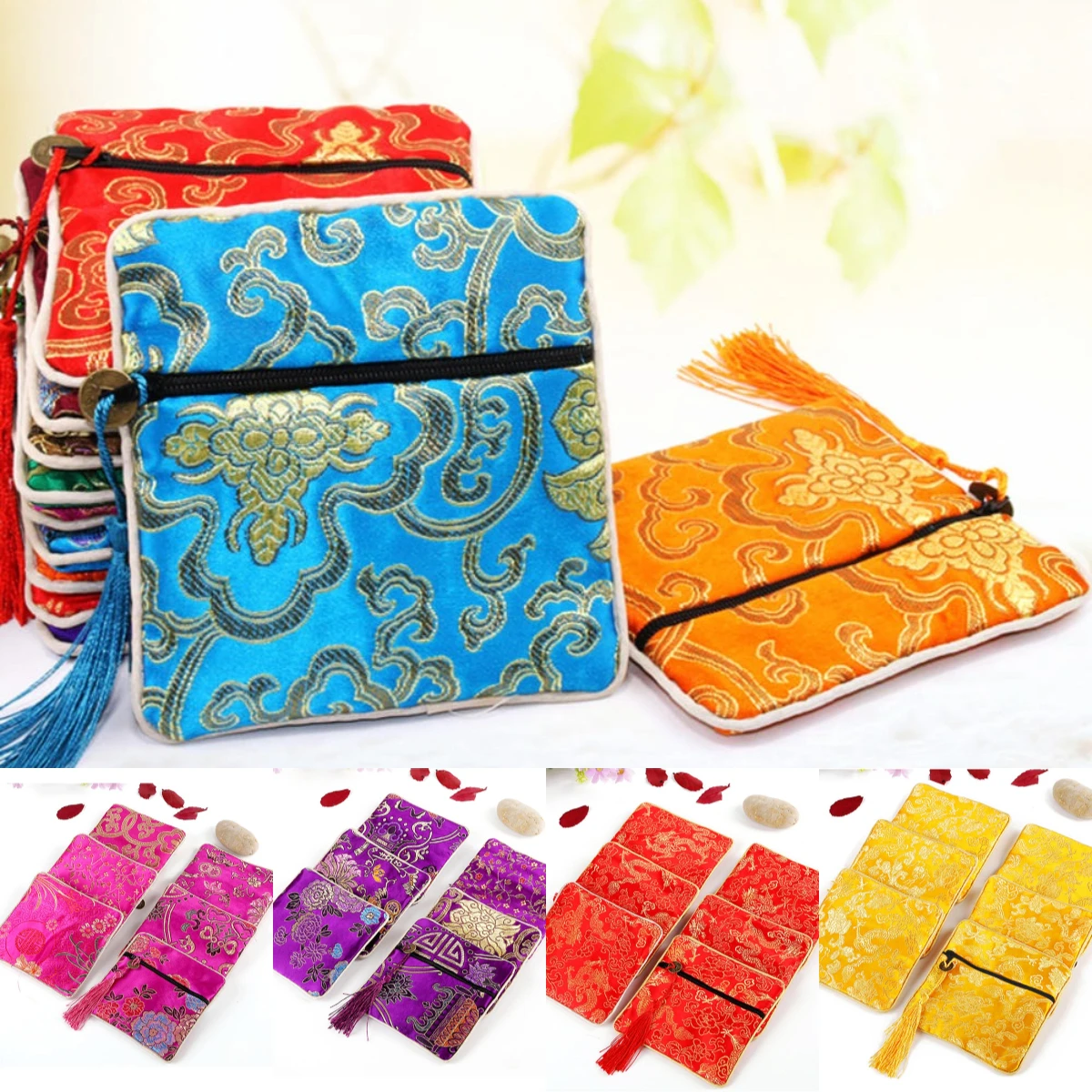 1PC Chinese Brocade Jewelry Storage Bag Handmade Embroidery Padded Small Zipper Tassel Jewelry Pouch Satin Gift Packaging Bag