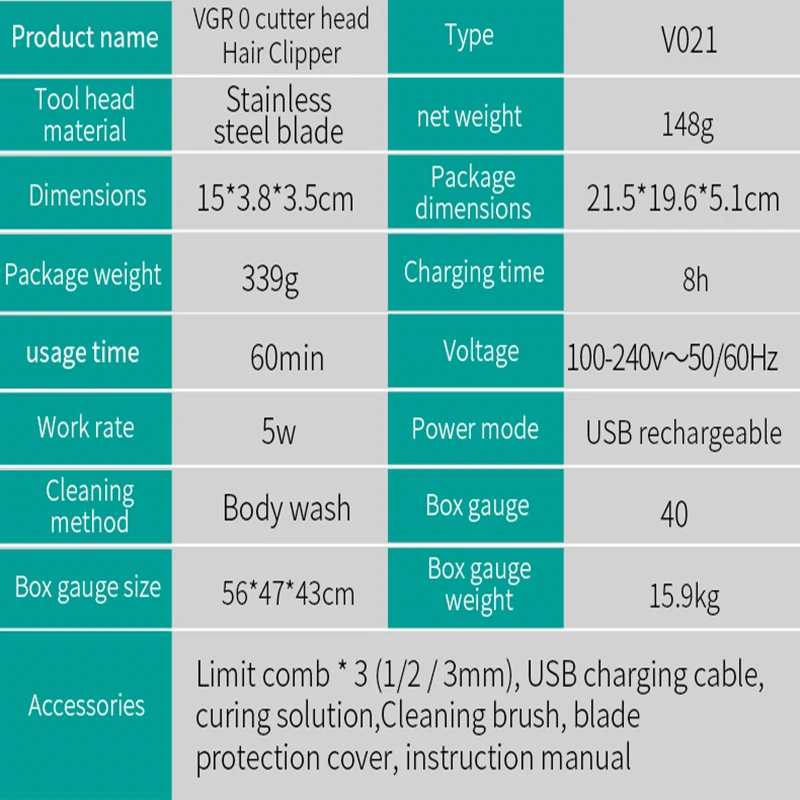 VGR 021 Hair Clipper Professional Personal Care แบบพกพาตัดผม Trimmer USB Rechargable ล้างร้านตัดผมตัดผม VGR V021