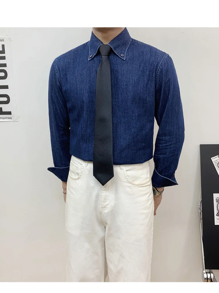 

Retro Briti Waed Denim Button Collar Slim Fit Long Sve irt Korean Sle Busin Casual Point Collar Men's Trendy
