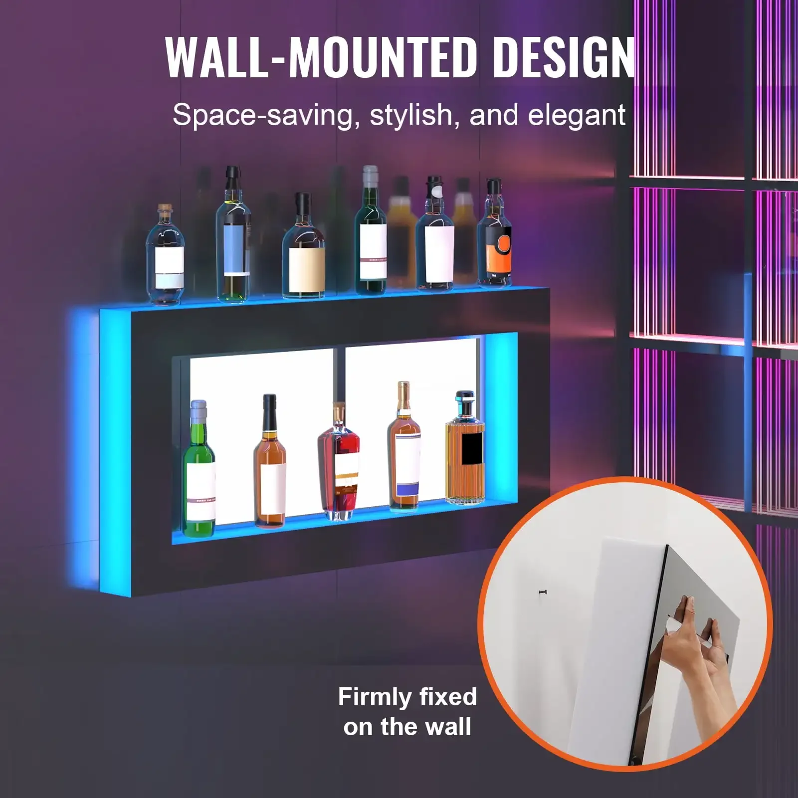 LED Lighted Liquor Bottle Display Bar Shelf RF & App Control 48" Square