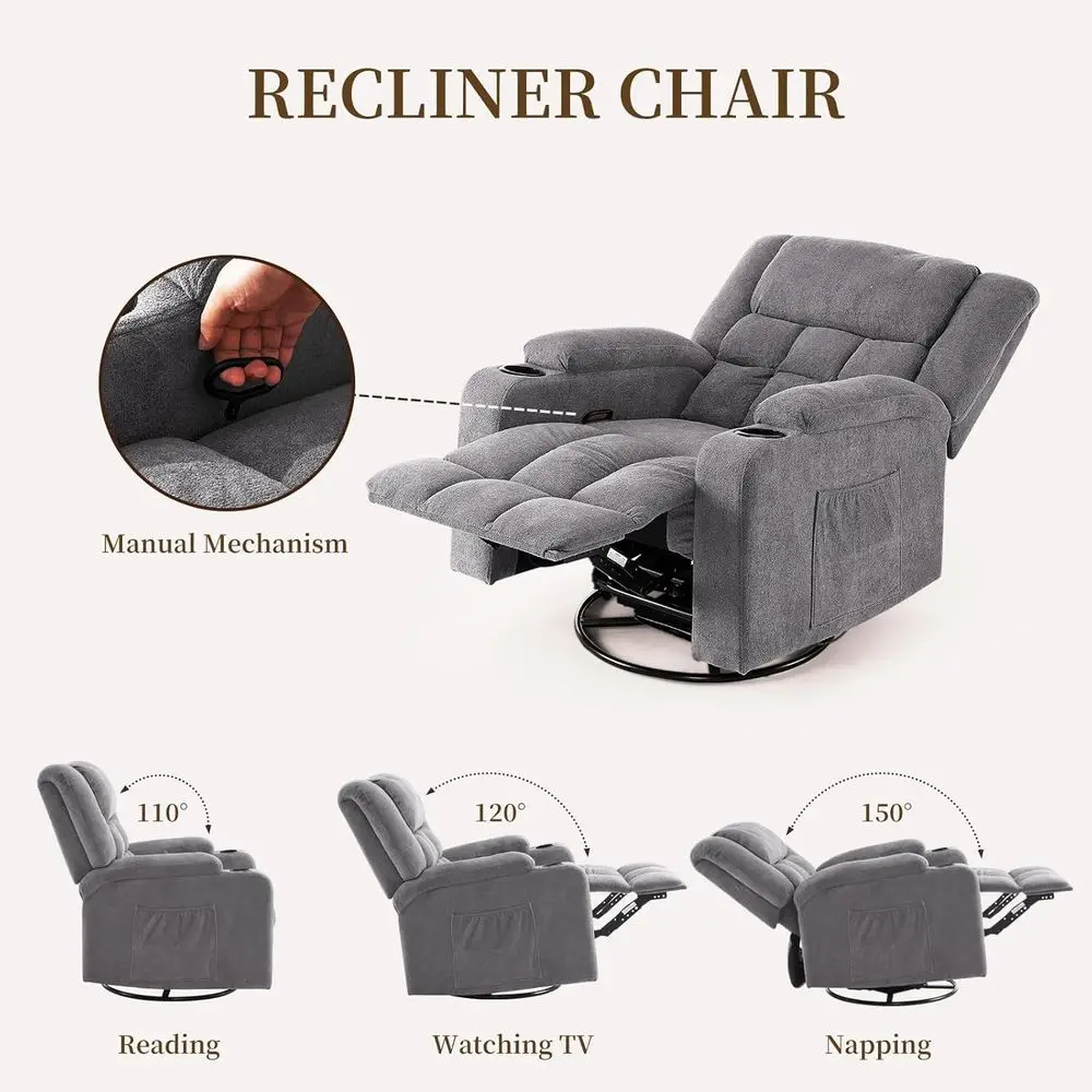 كرسي هزاز دوار من الشنيل الرمادي مع تدليك وحرارة لمساحات المعيشة