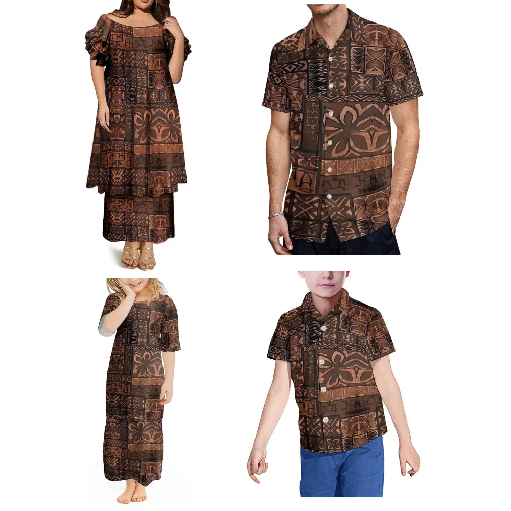 Confortável e macio família usar fiji ilha design manga borboleta puletasi terno feminino vestido polinésia camisa masculina personalizada