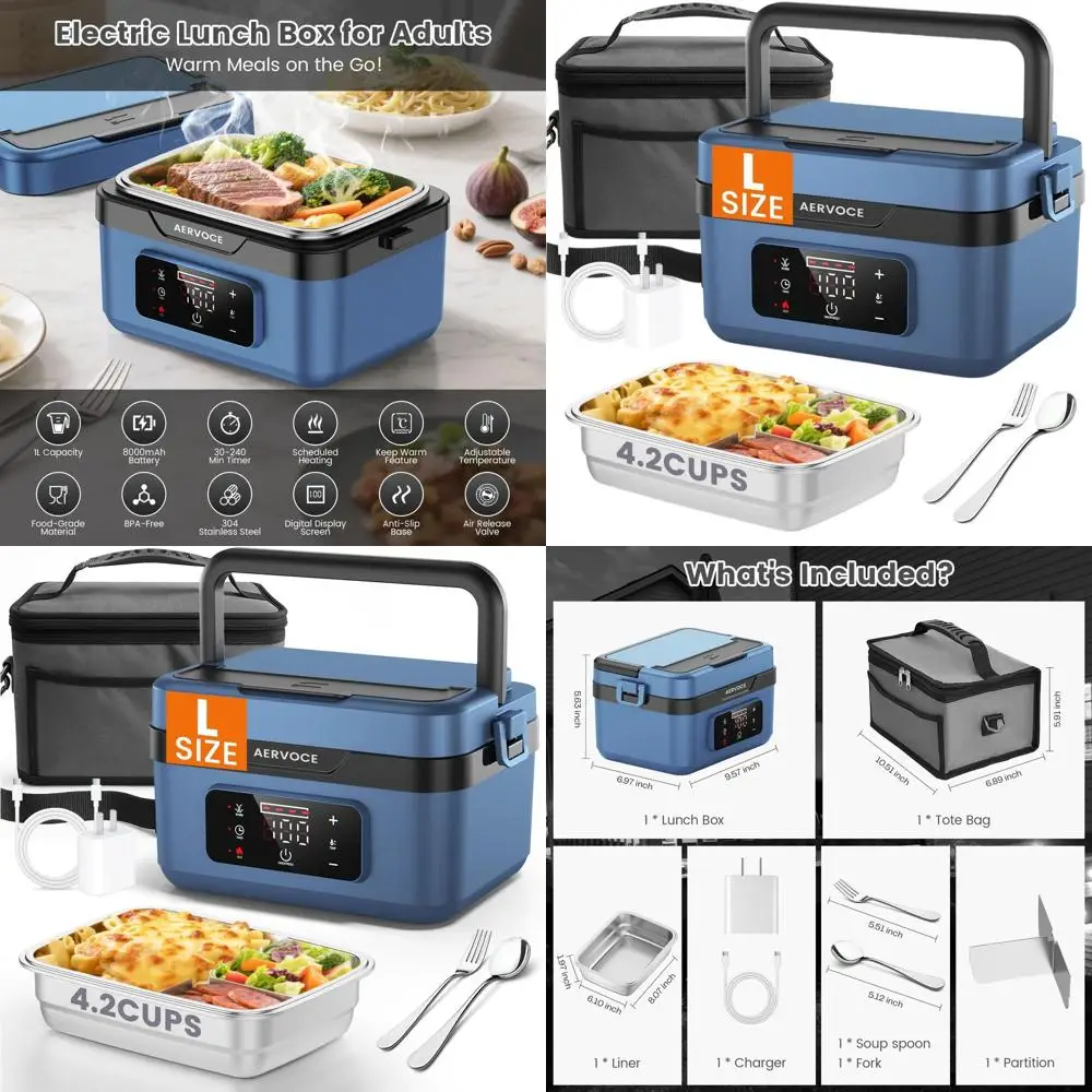 

1L Cordless Electric Lunch Box - 8000mAh Heated Food Warmer for Men & Women, Ideal for Car, Office, Outdoor Jobs. (Blue)
