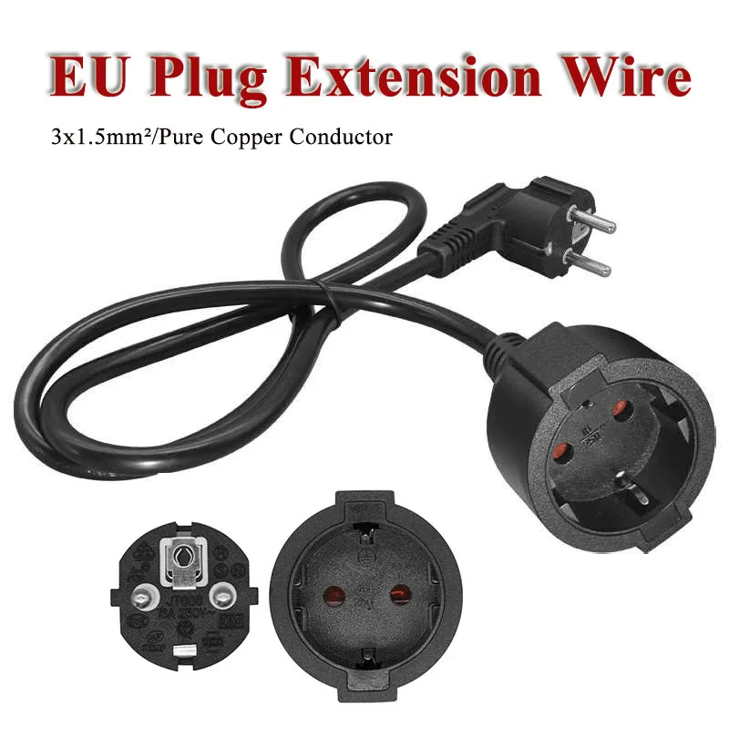 16A Copper European Standard Power Cord EU Plug Male to Female Extension Wire Round Leg 4.8MM 3x1.5 Square Connection Wire