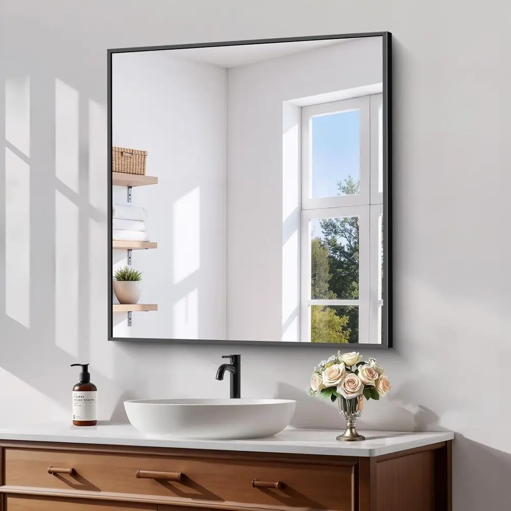 

30x22 Tempered Glass Bathroom Mirror, HD No Distortion, Horizontal/Vertical Mount, Matte Alloy Frame