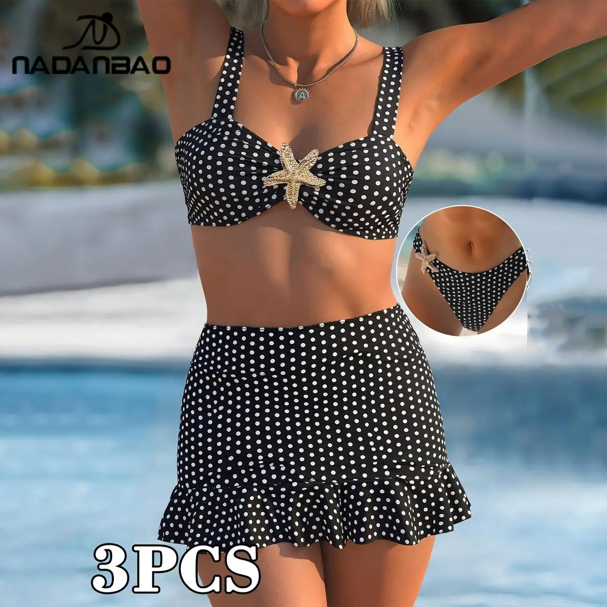 

Nadanbao Dot Print Bikini Set for Women Starfish Three-Piece Swimsuit Sexy High Waist Bathing Suit Holiday Pool Party Beach Wear