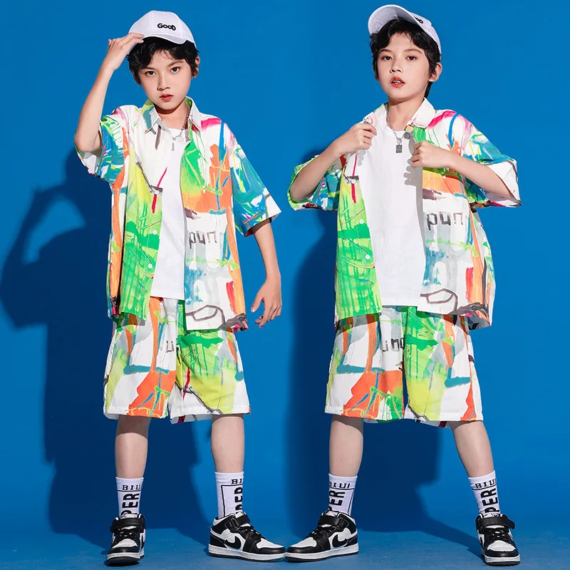 Groene Graffiti Shirts Shorts Zomer Hip Hop Kinderen Danskostuum Jongens Drum Show Outfits Meisjes Jazzdans Kleding Rave Wear