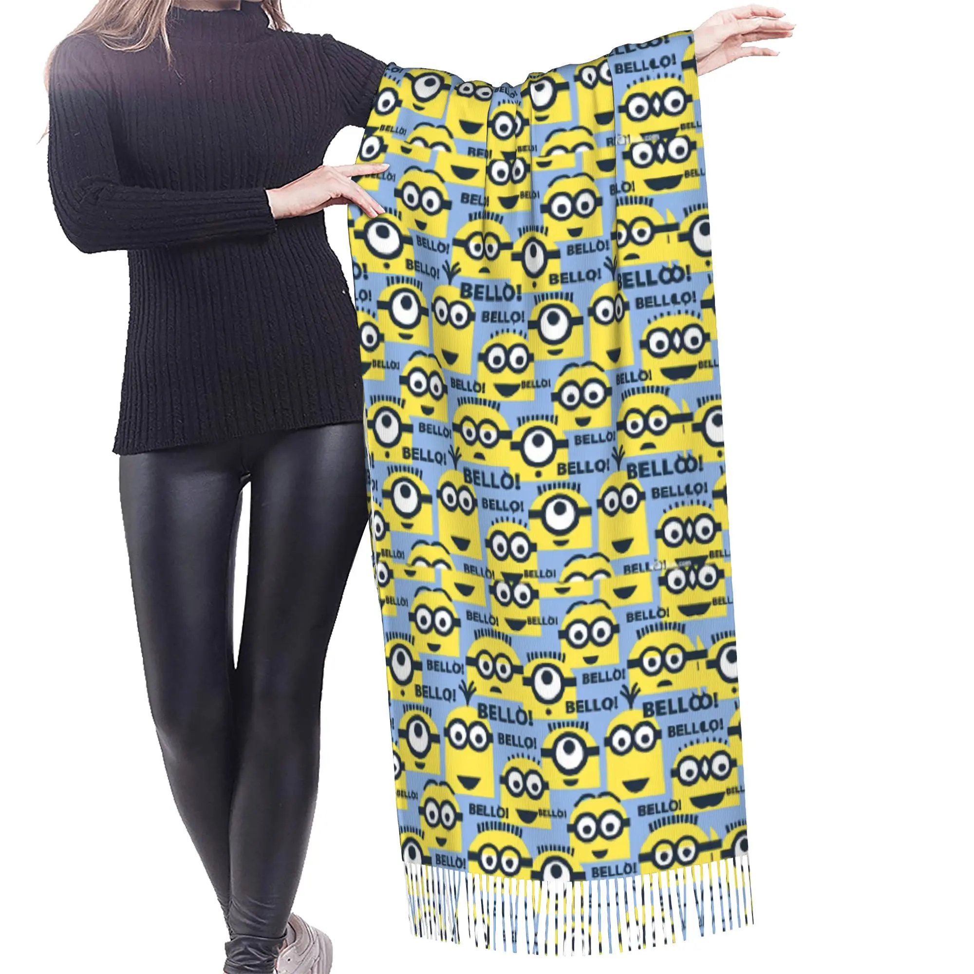 Custom M-Minioned Anime Scarf Wrap Women Long Winter Fall Warm Tassel Shawl Unisex Manga Cartoon Scarves