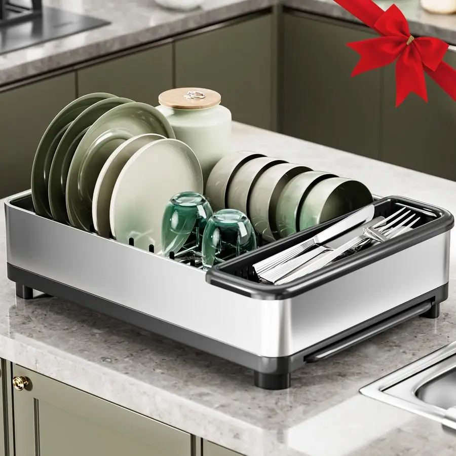 

Drying Rack, 304 Stainless Steel Dish Racks for Kitchen Counter, Dish Drainers with Automatic Drainage, Utensil Holder amp Cups