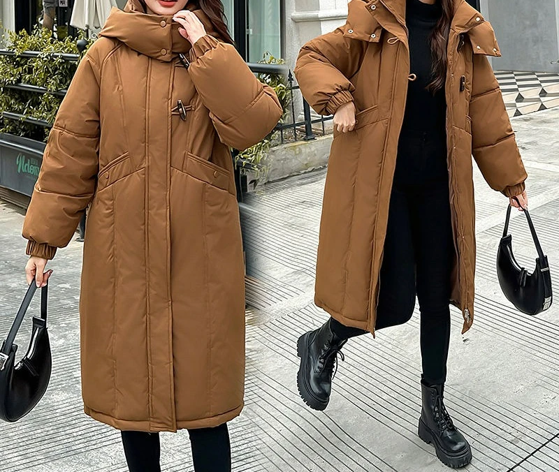 2025 Nuova giacca invernale lunga in cotone da donna, vestibilità ampia e addensata, moda calda e alla moda