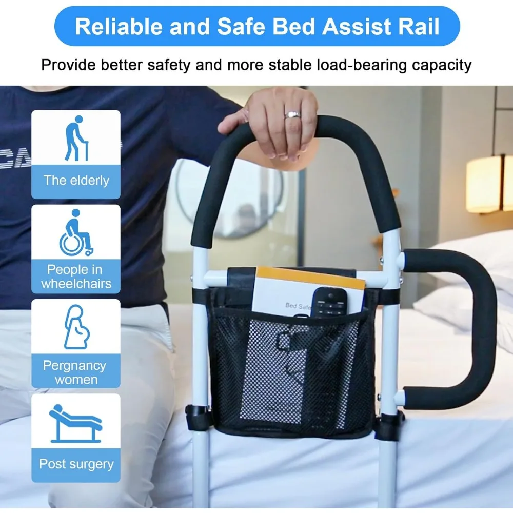 حاجز أمان لسرير المسنين مع قضبان إمساك مزدوجة، وواقي من السقوط وجيب تخزين، يناسب جميع الأسرة القياسية، ويدعم 300 رطل