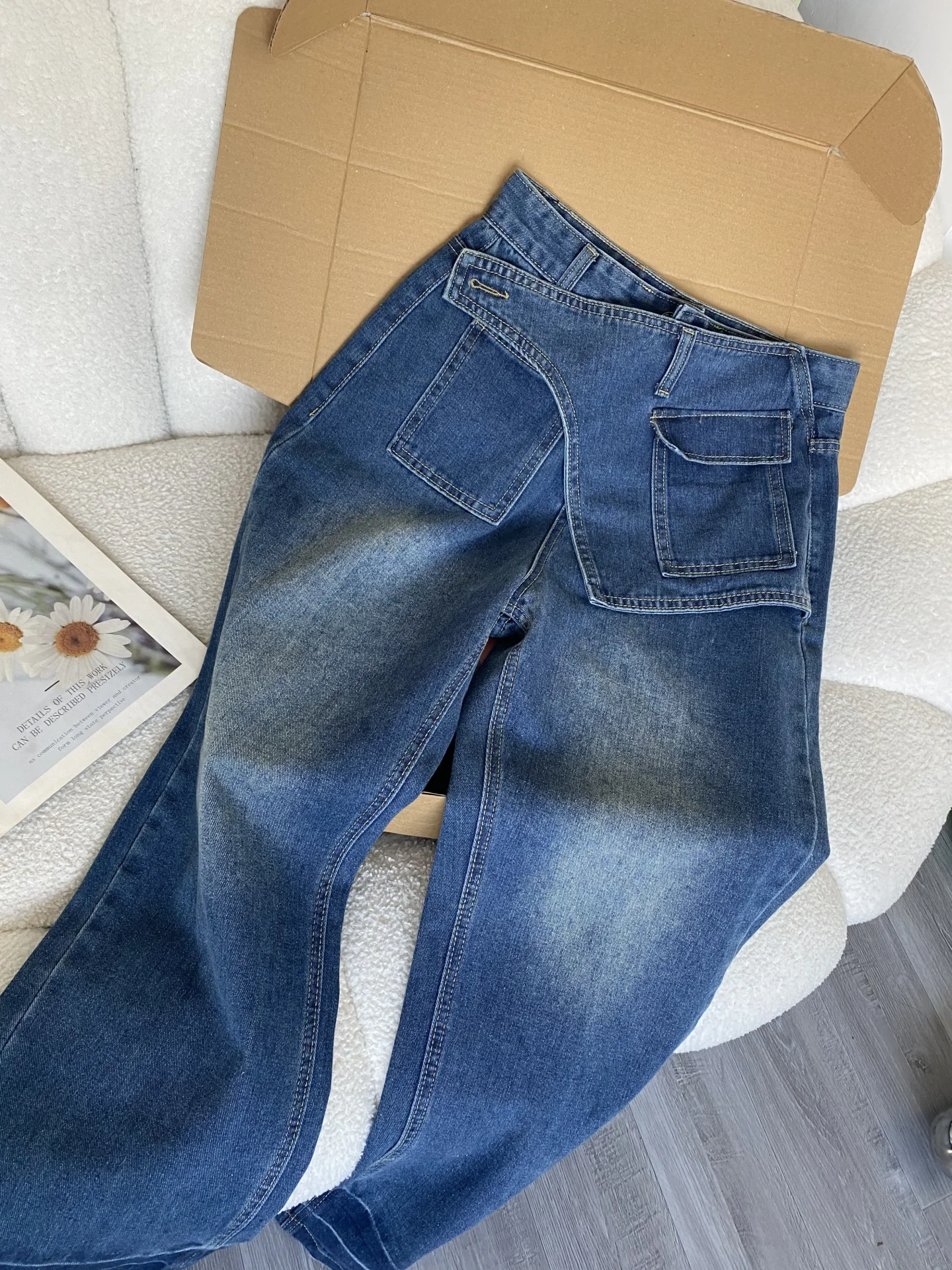 

Американские джинсы прямого кроя для женщин, узкая версия, асимметричный дизайн, широкие брюки, повседневные джинсы с высокой талией из денима