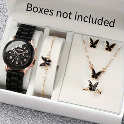 6PCS/Set Women's Watch Casual Silicone Band Quartz Watches Butterfly Jewelry Set(Without Box)