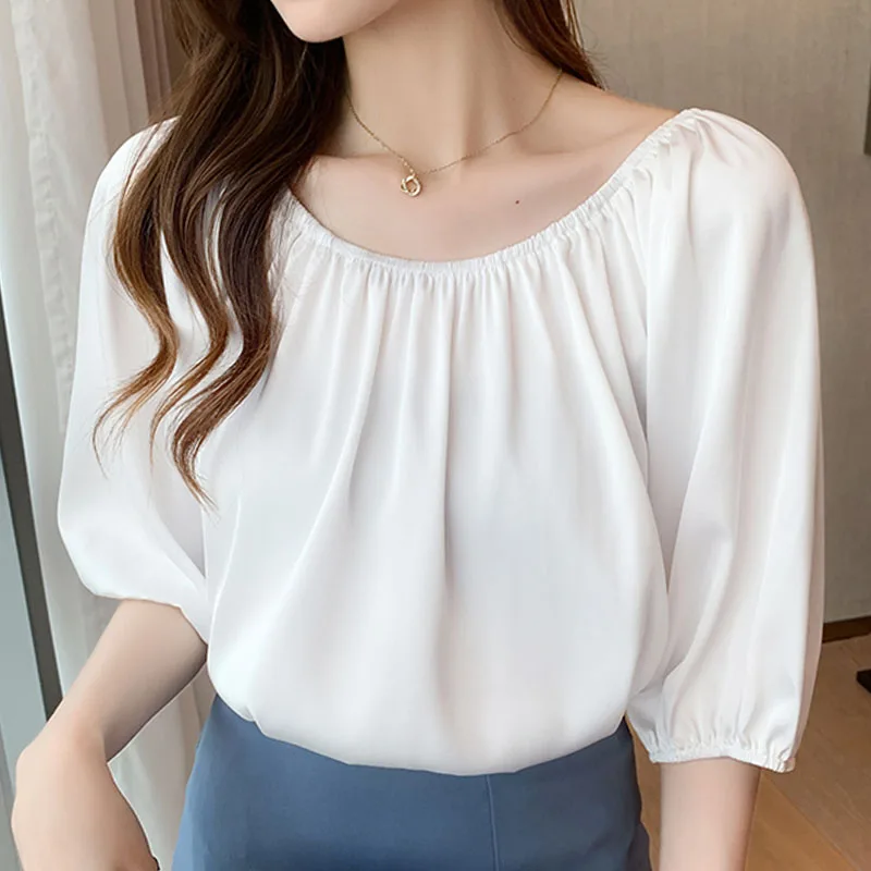 2022 Summer New Blouse Drape Short Sleeve Top Simple and Loose White Shirts Femme Clothing Spliced Chiffon Solid Casual 2840