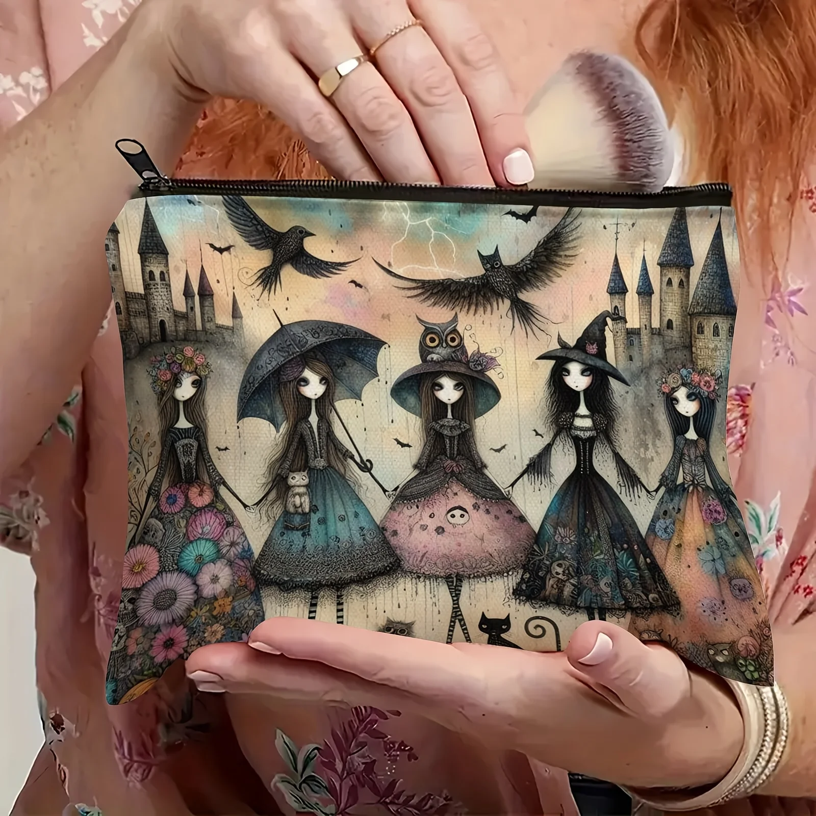 حقيبة مكياج قوطية غريبة الأطوار - ساحرة ساحرة، حقيبة مستحضرات تجميل بتصميم قطة سوداء وبومة للسفر، حقيبة تخزين بطابع الهالوين