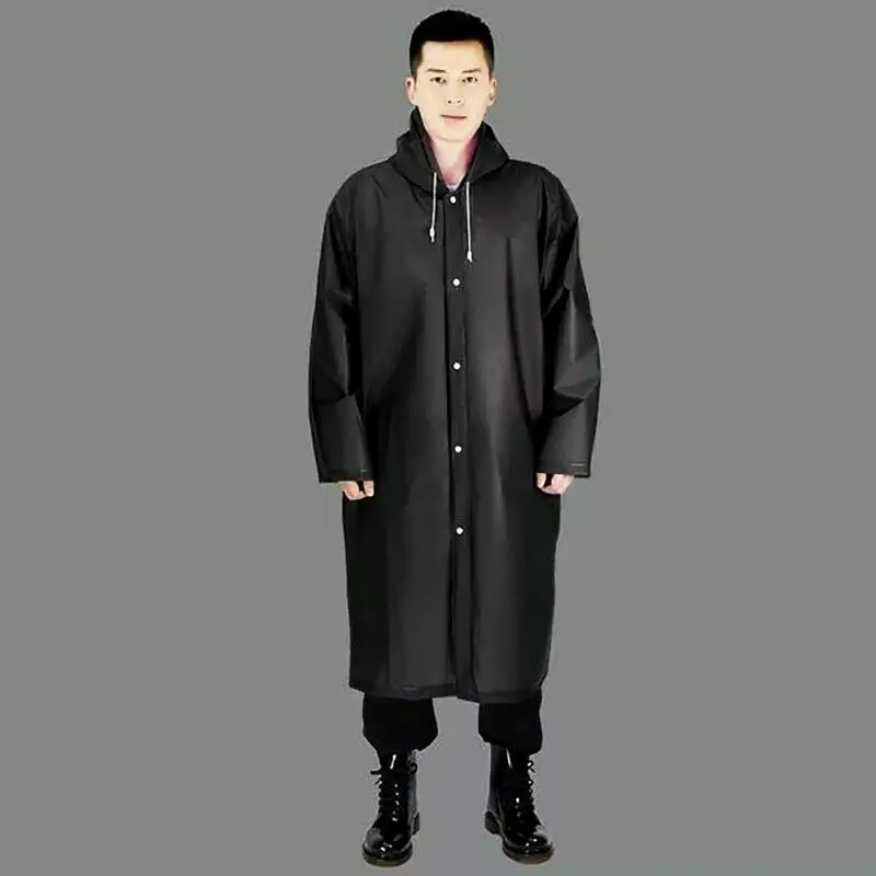 Women Men Waterproof Jacket Thick PVC Long Raincoat Rain Coat Hooded Poncho Rainwear Hiking Camping Black Windbreaker