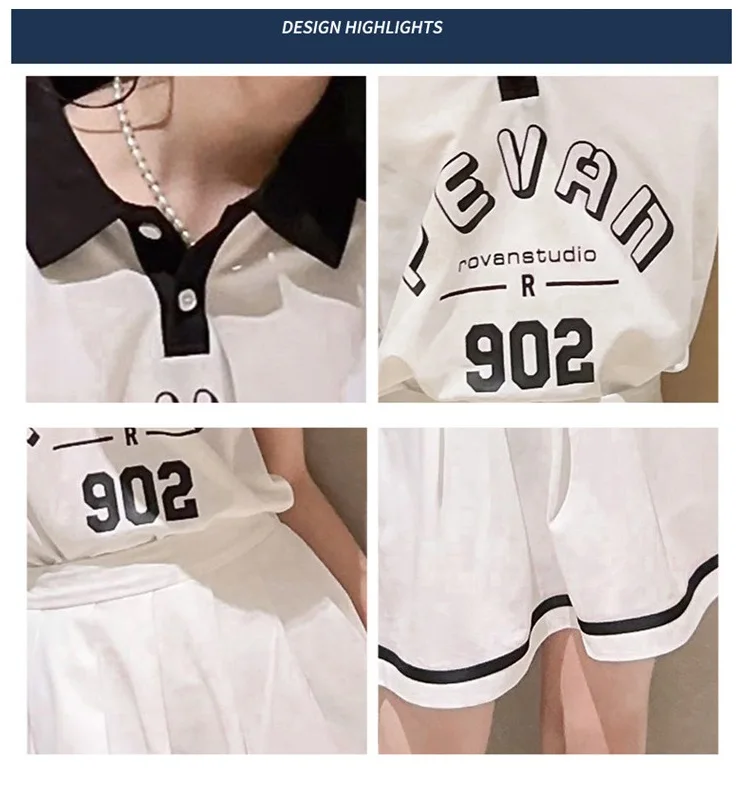 2024 summer girls sailor white patchwork polo letters t-shirt + short strip skirt toddler teenager children set 9 10 11 12 year