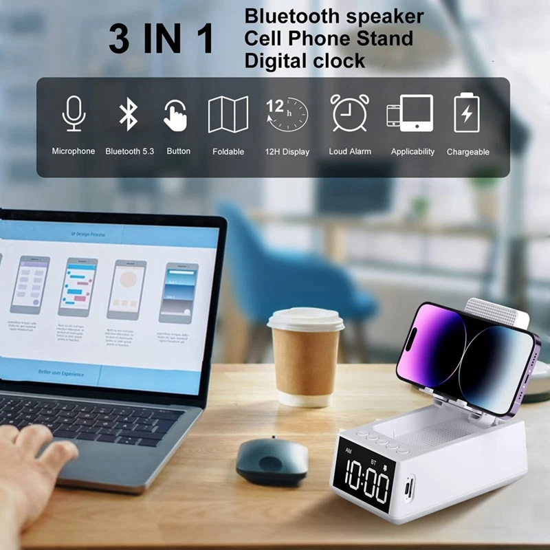 3 In 1 Wireless Bluetooth Speaker With Loud Alarm Clock Cell Phone Stand TF Card Reader HD Surround Sound Durable (White)