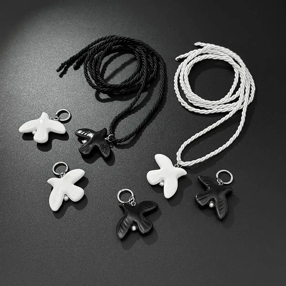 

KunJoe Minimalist Ceramic Peace Dove Pendant Necklace Drop Earrings Jewelry Set For Women Adjustable Nylon Rope Chain Necklace