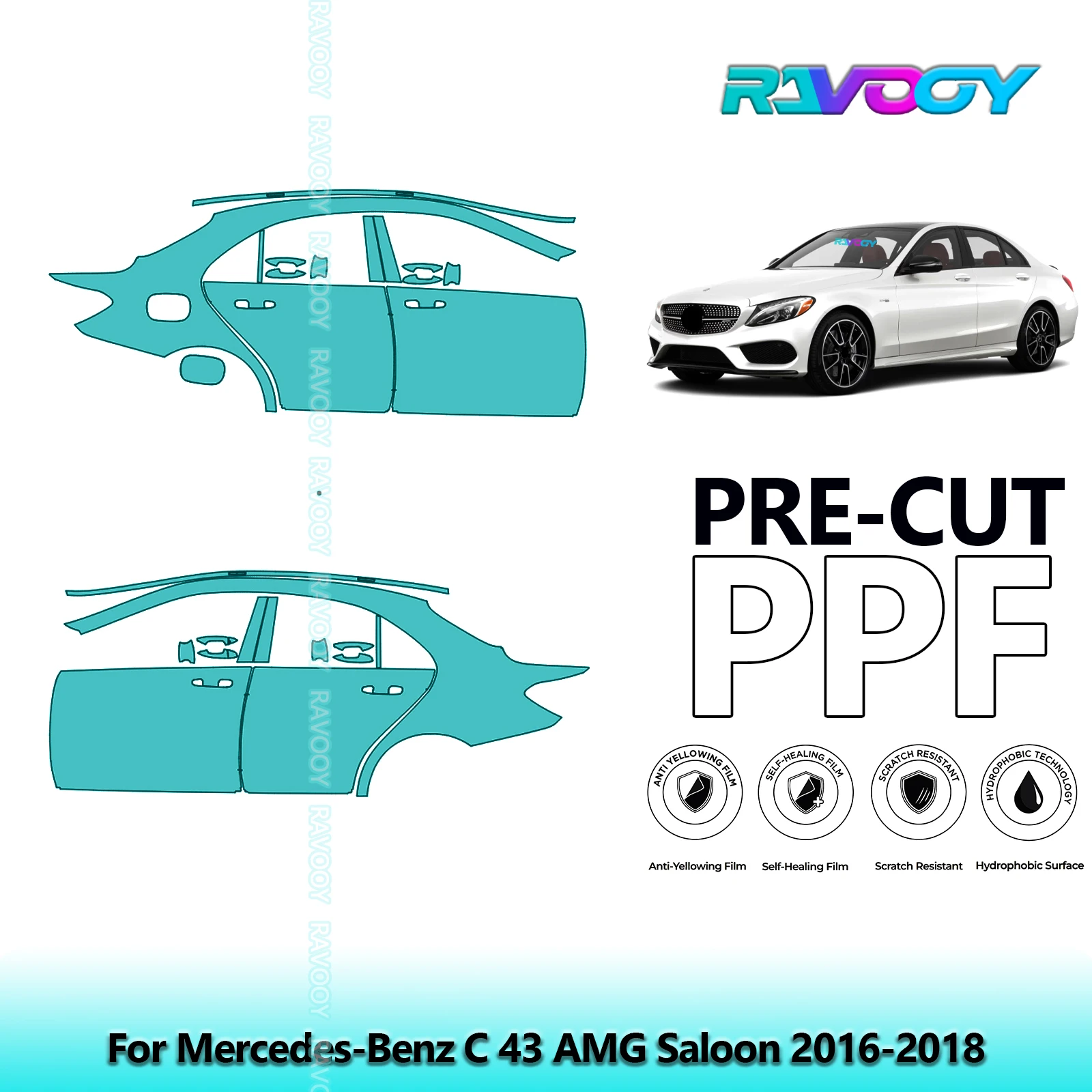 

For Mercedes-Benz C 43 AMG Saloon 2016-2018 8.5mil Clear Matte Pre-Cut PPF Door & A/B Pillar Kit TPU Paint Protection Film Set