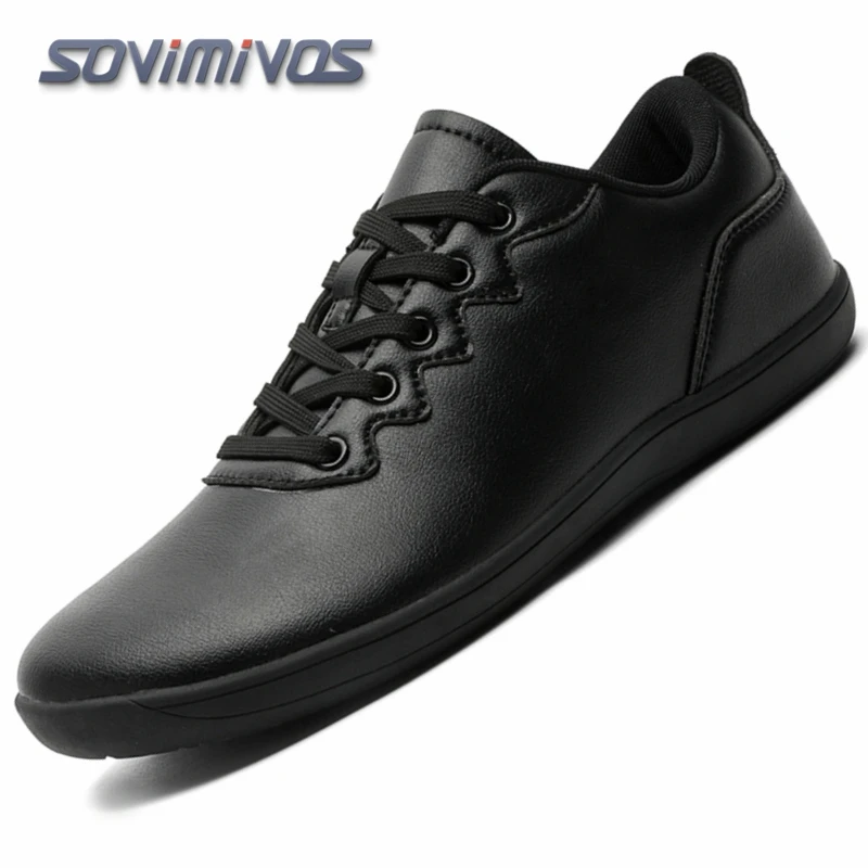 

SOVIMIVOS Unisex Wide Toe Man Leather Black Shoes Woman Barefoot Leisure Sneaker Platform Zero Drop Light Breathable Working