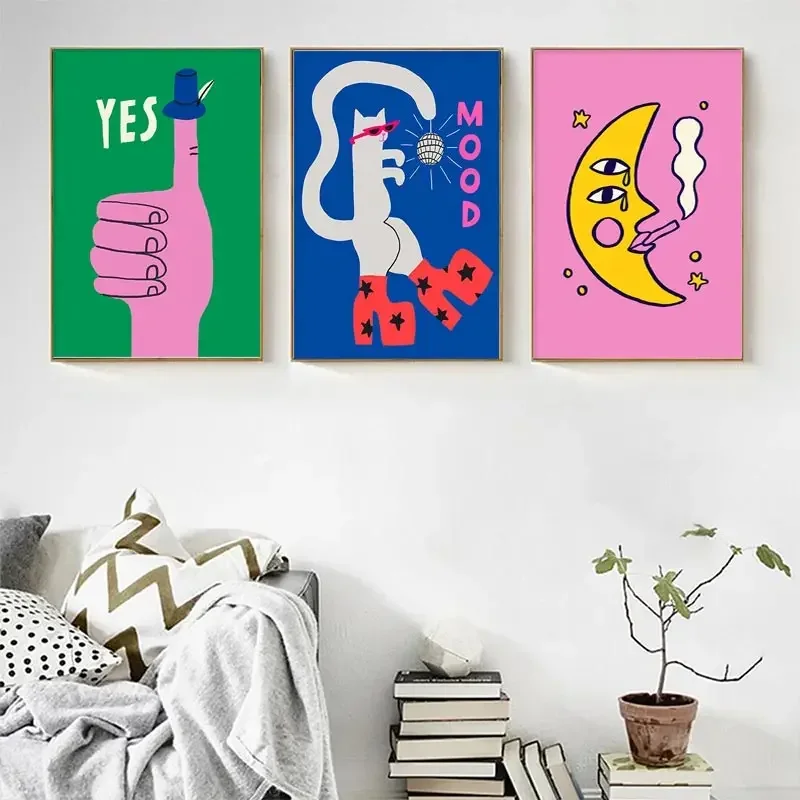 Pósteres de arte minimalista para pared con diseño de gato de dibujos animados, signos zodiacales Piscis y Aries, cuerpo abstracto, luna y dama, para decoración moderna del hogar