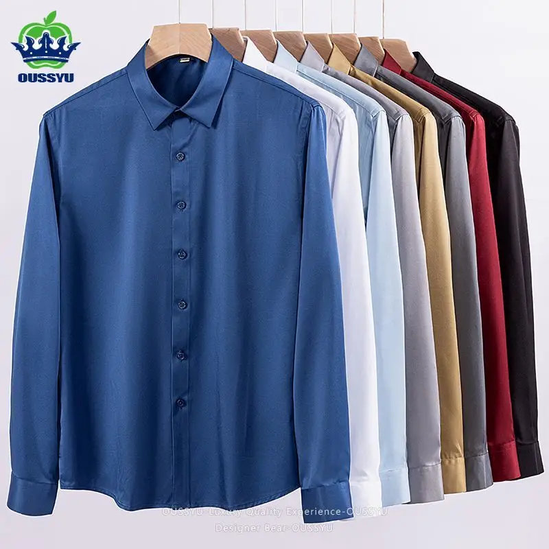

High Quality Business Solid Color Shirt Long Sleeve Men Classic Casual Stretch Wrinkle Free Formal Workwear Office Professional