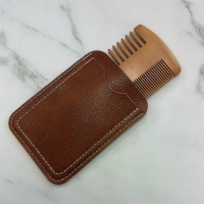 Natural Wood Hair Brush Beard Comb With PU Leather Case Anti-Static Mustache Pocket Comb Brushing Hair Care Tools For Men Gift