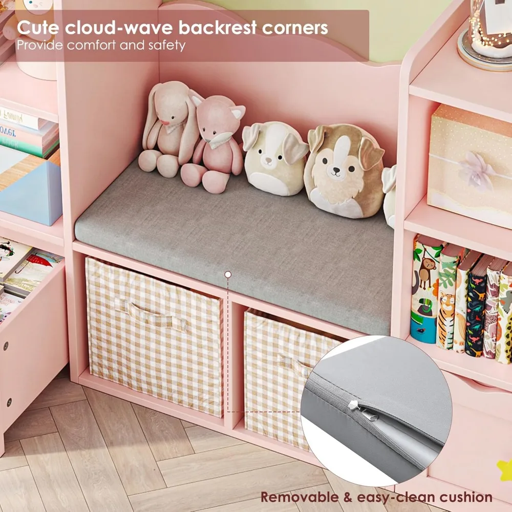 Scaffale per bambini con angolo di lettura, libreria per bambini con morbido cuscino, cassetto a 2 ruote e 8 casse portaoggetti, organizer per giocattoli