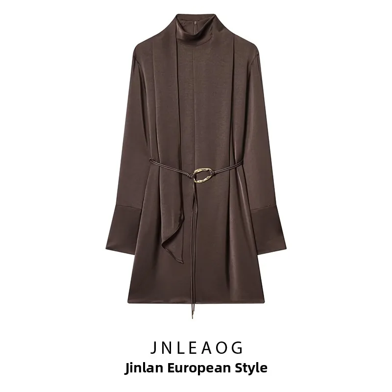 JNLEAOG automne nouveau femmes Satin ter Ne Dr avec Sa Long Sve coupe ajustée coupe droite décontracté couleur Pure Polyester