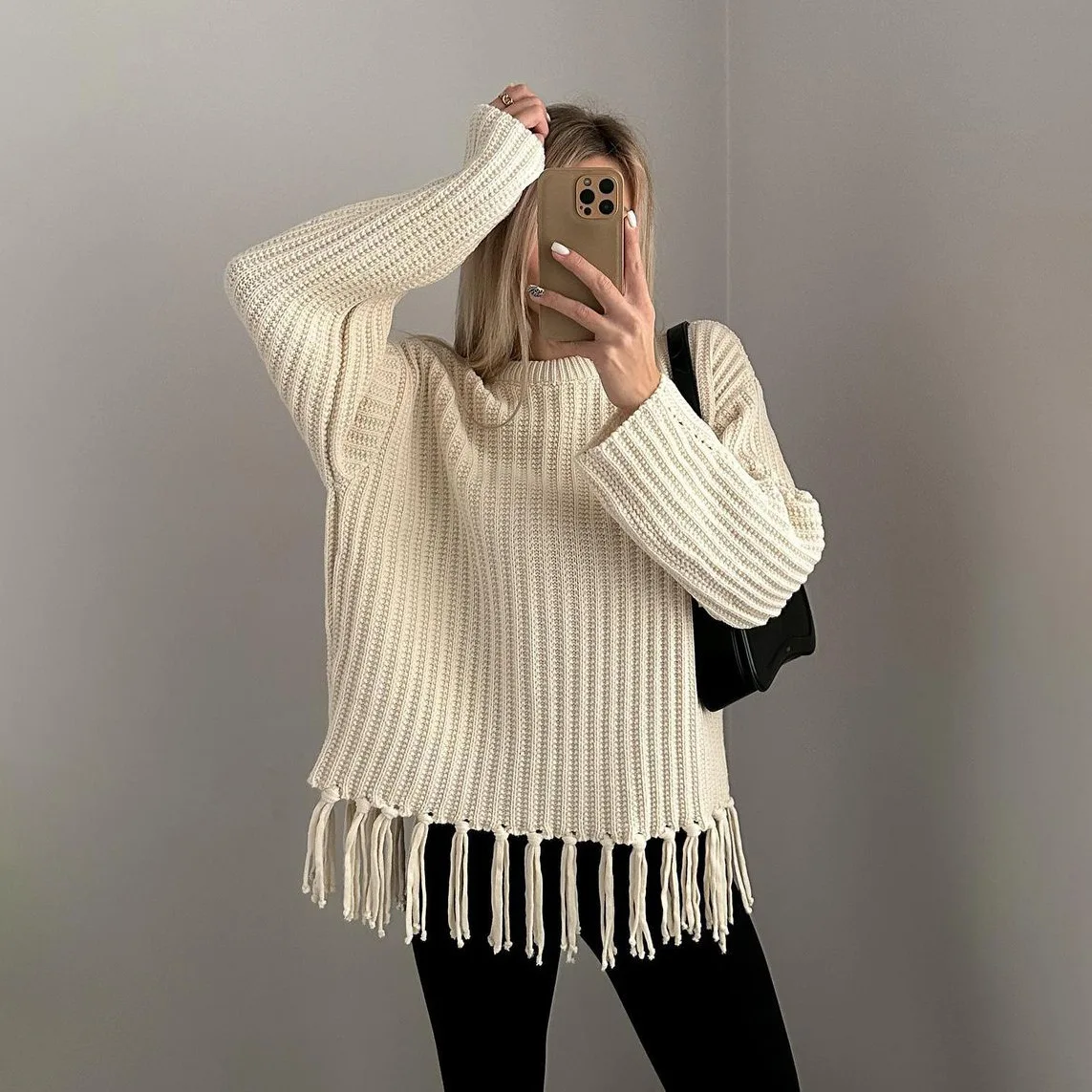 

Popular Fashion Women's Tassel Knitted Solid Color Oversized Sweater Loose Casual Slimming Top Spring Autumn New Свитер Женский