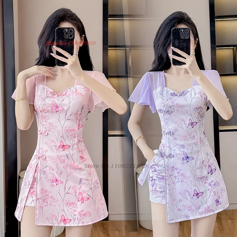2026 chinese nightclub dress qipao improved cheongsam national flower print mesh patchwork dress+shorts set hotel spa work dress
