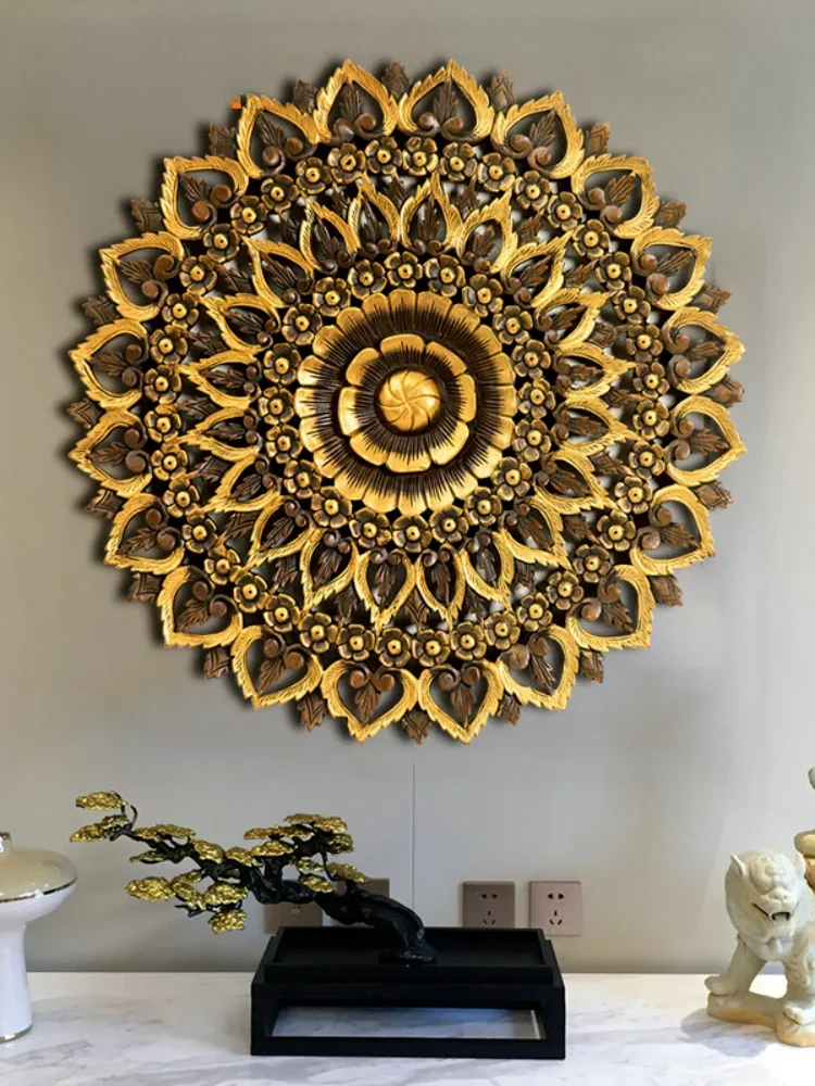 

Decoration Wall Hanging Thai Grapefruit Wood Carving Lotus Hollow Carved Board round Wood Carving Wall Decorations