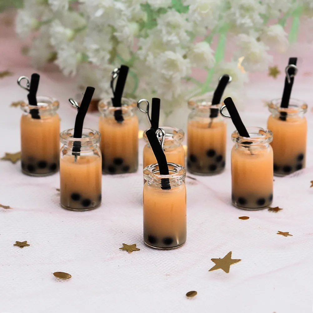 20 Piezas Colgante de Taza de Té con Leche y Perlas de Imitación, Material de Resina, Color Aleatorio, Pajita Negra, Colgante Creativo para Pendientes y Llaveros