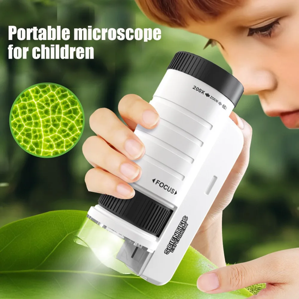 Black Children Handheld Optical HD Portable Microscope with LED Light Biological Education Science Experiment Toy Gift