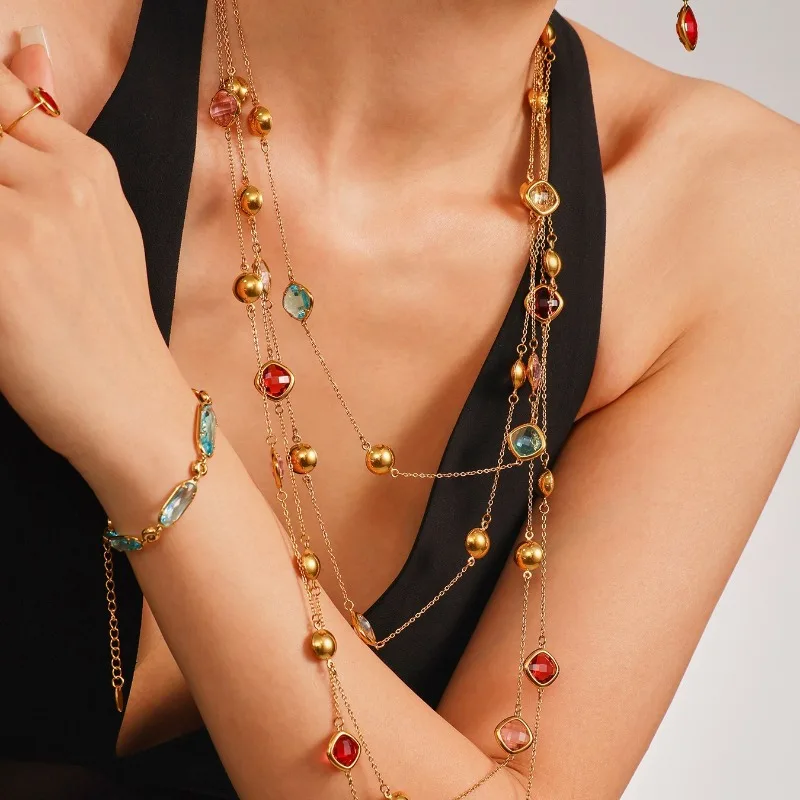 

High Quality Multipcolor Glass Y-Necklace Rop Ball Chain Lariat Stainless Steel Chain Charm Women Necklace Jewelry Accessory