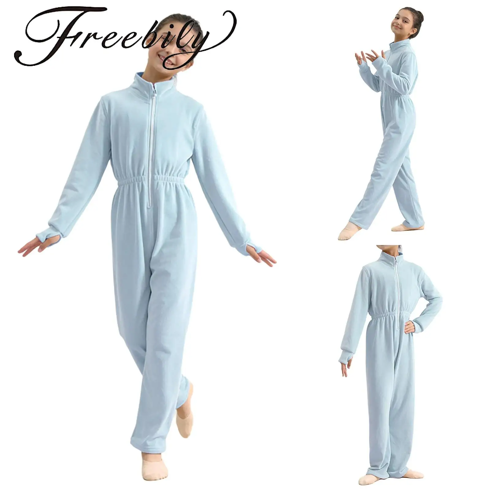 

Kids Girls Fleece Jumpsuit Stand Collar Long Sleeves Zipper Front Thumbholes Elastic Waist Bodysuit Dancewear Homewear