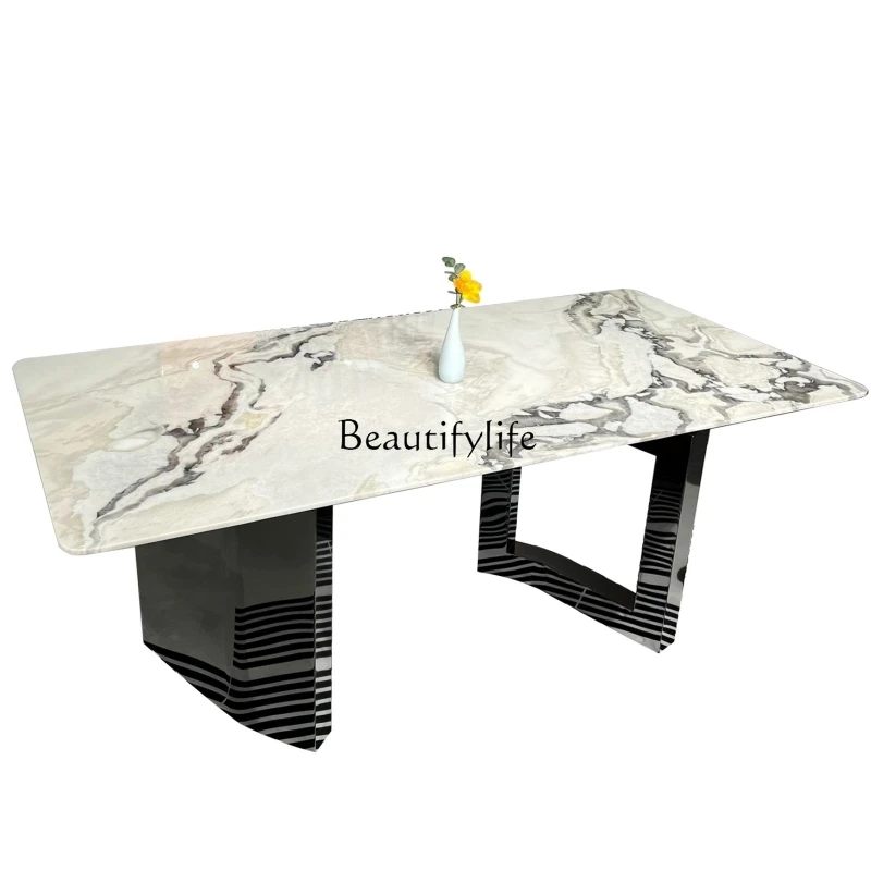 Natural marble dining table luxury stone high-end light luxury white rectangular dining table