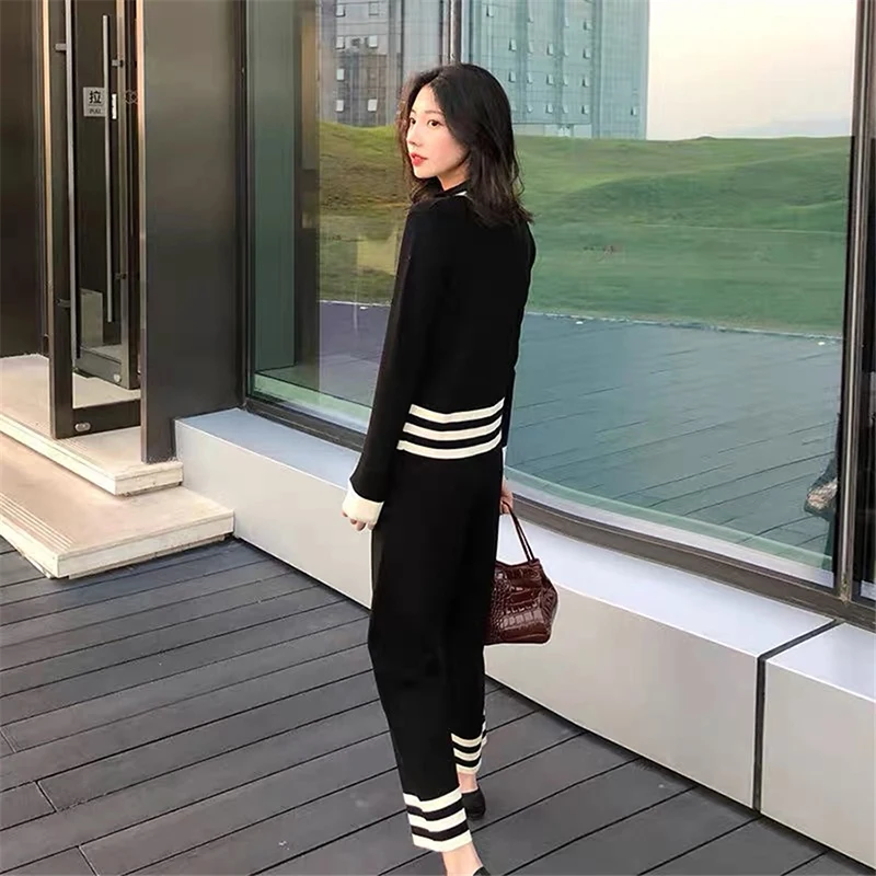 Elegant Bow Tie Knitted Two Piece Set Women 2022 Fall Korean Long Sleeve Cardigan Tops Outfits And Capris Wide Leg Pants Suits