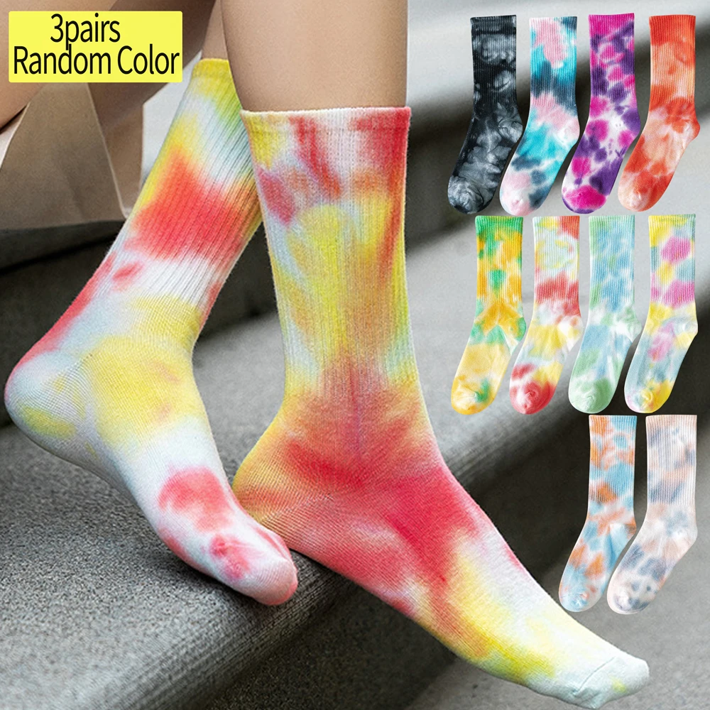 

3 пары хлопковых носков ручной работы до середины икры для женщин, уличная одежда, градиентный дизайн, цветные дышащие уникальные спортивные носки