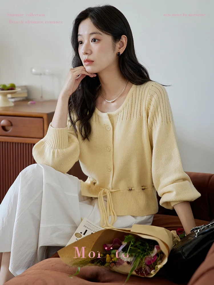 

Женский вязаный кардиган Moriirose с круглым вырезом, расшитый бисером, осенний, винтажный, в стиле Lazy Sle Top, из мягкого акрила, с рукавами-фонариками