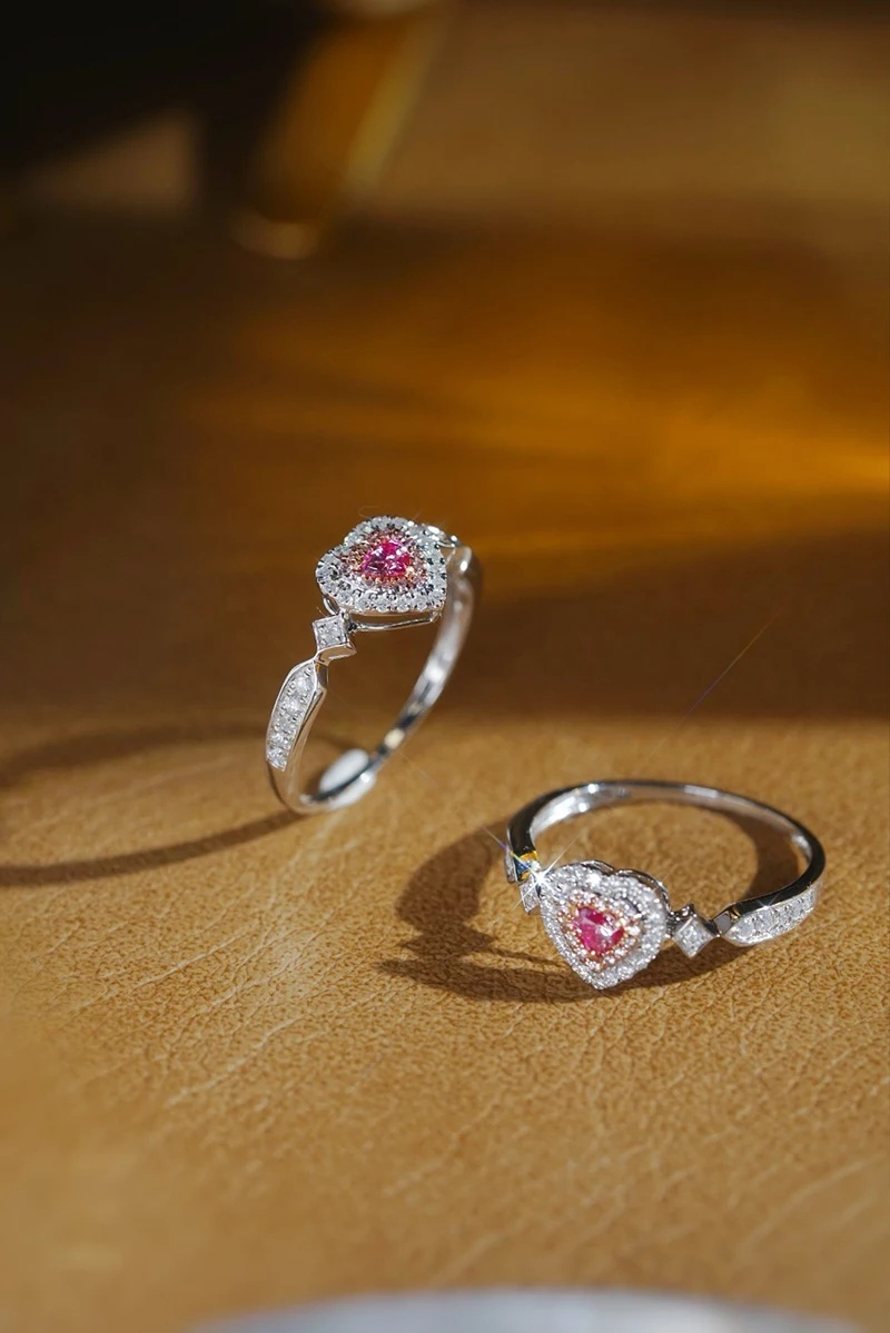 LUOWEND 100% 18K White Gold Rings Romantic Heart Shape Real Natural Pink Diamond Engagement Ring for Women High Wedding Jewelry