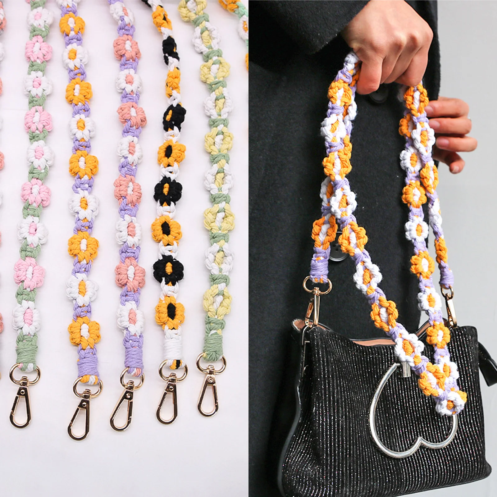 Flower Woven Mobile Phone Lanyard Charms Detachable 130cm Boho Oblique Cross Rope Macrame Key Chain Lanyard for Phone Keys