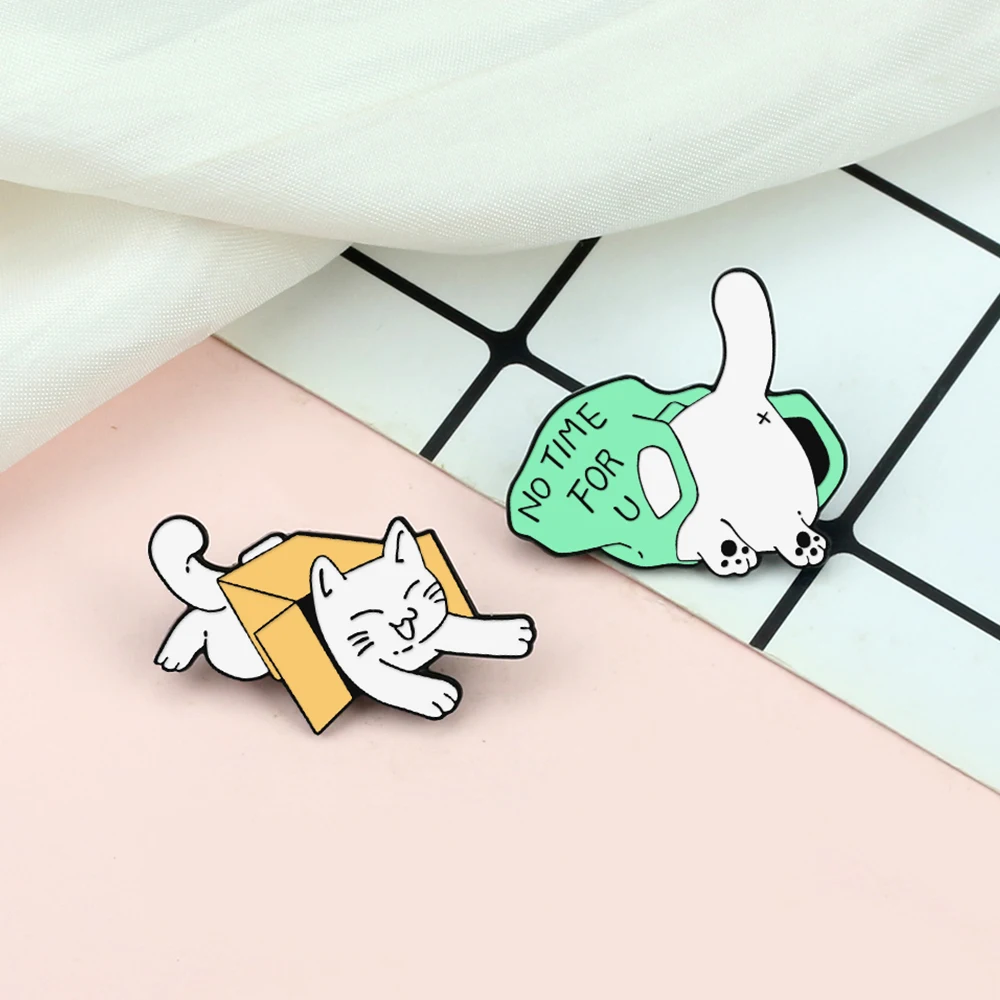 Naughty Cartoon Cat Brooch White kitten In Box Bag Enamel Pin Funny Animal Badge Jewelry Shirt Lapel Pins Gift for Kids Friends image 4