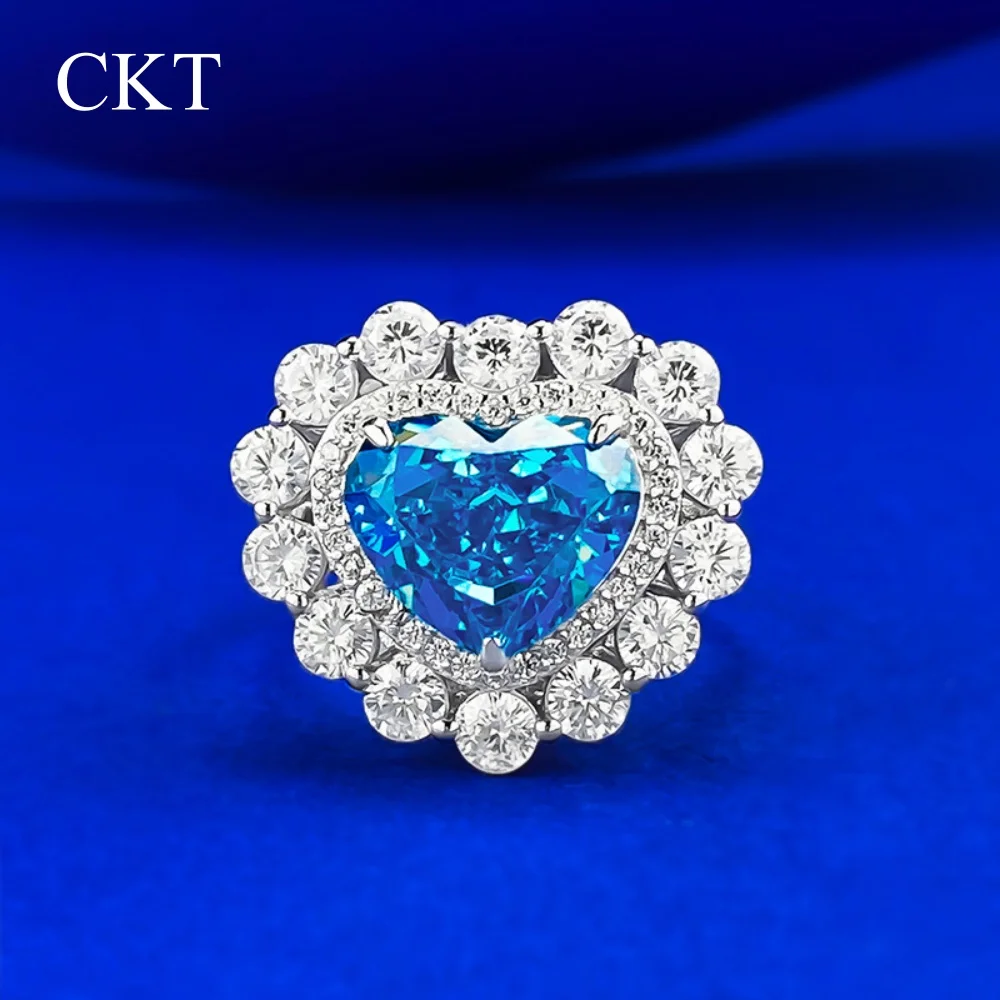 

CKT S925 Серебро Полная инкрустация Любовь 9*11 Морской синий сокровище Муассанит Алмазный ледяной цветок Кольца в форме сердца для женщин Ювелирные изделия