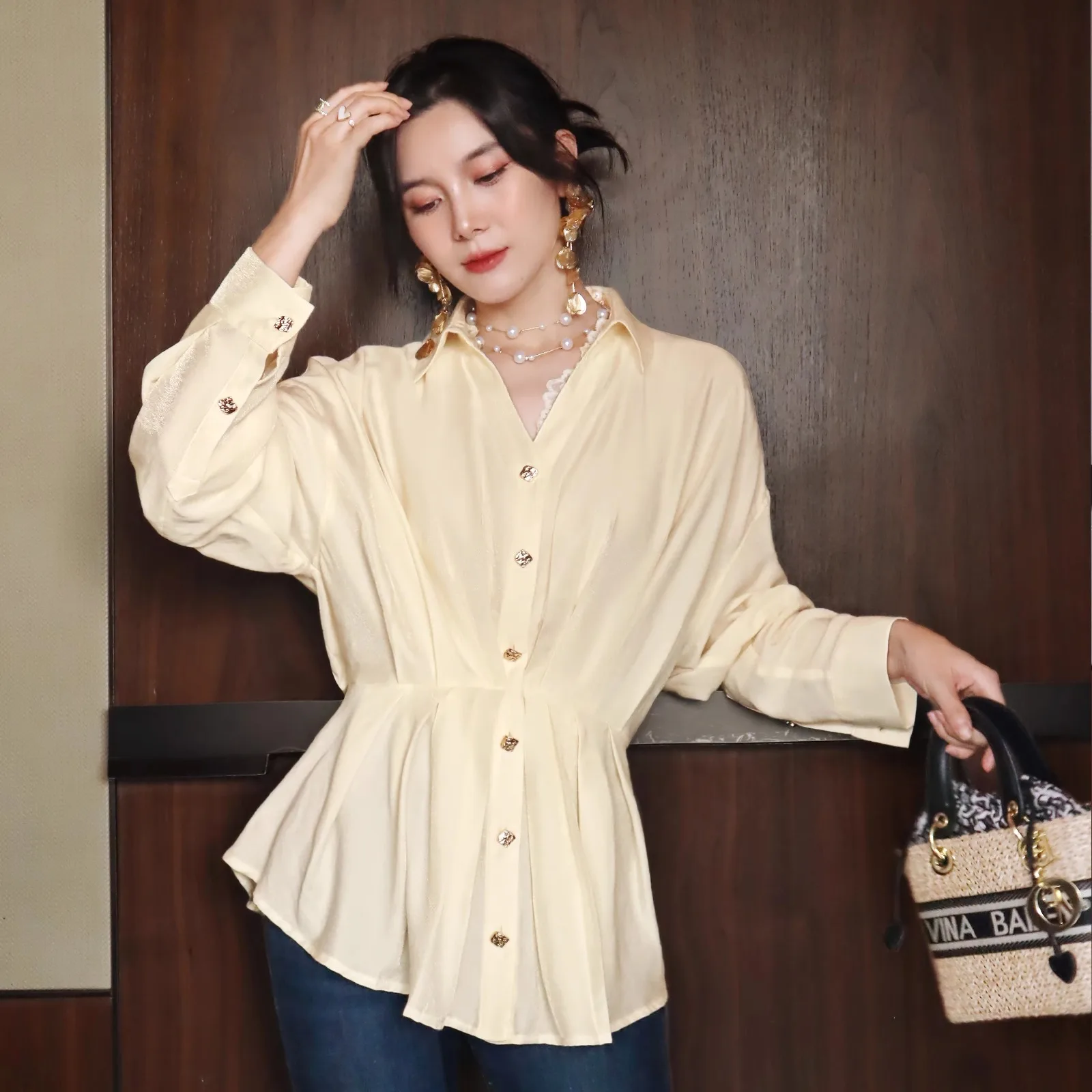 

Хлопковый женский топ с V-образным вырезом и завязкой на талии, простой модный женский топ Cr Apricot Soft Sle Long Sve