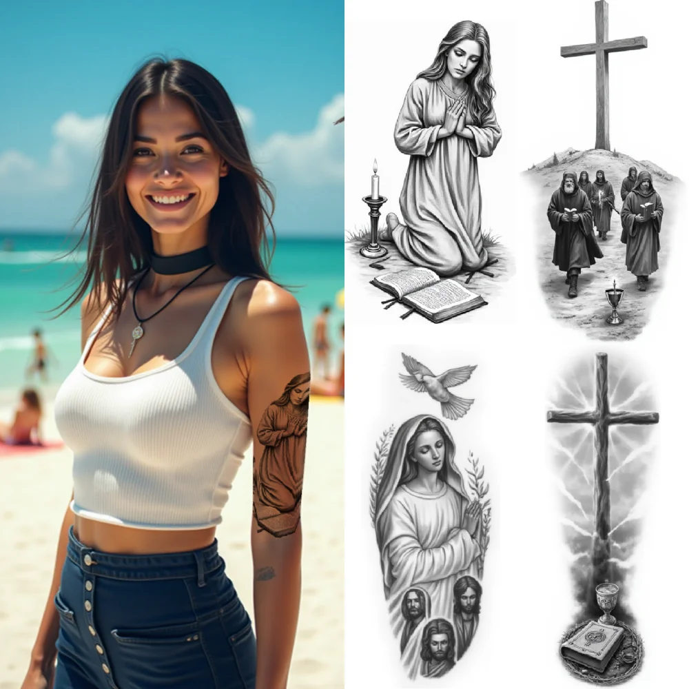 

3pcs Temporary Tattoo Waterproof Long-lasting Body Stickers Bible Chalice Jesus For Thighs Arms Women
